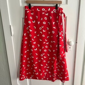 Red Floral Faux Wrap Front MIDI Skirt